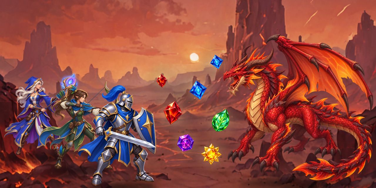 A hero party of mage, archer and knight facing a red dragon, with glowing gems between them